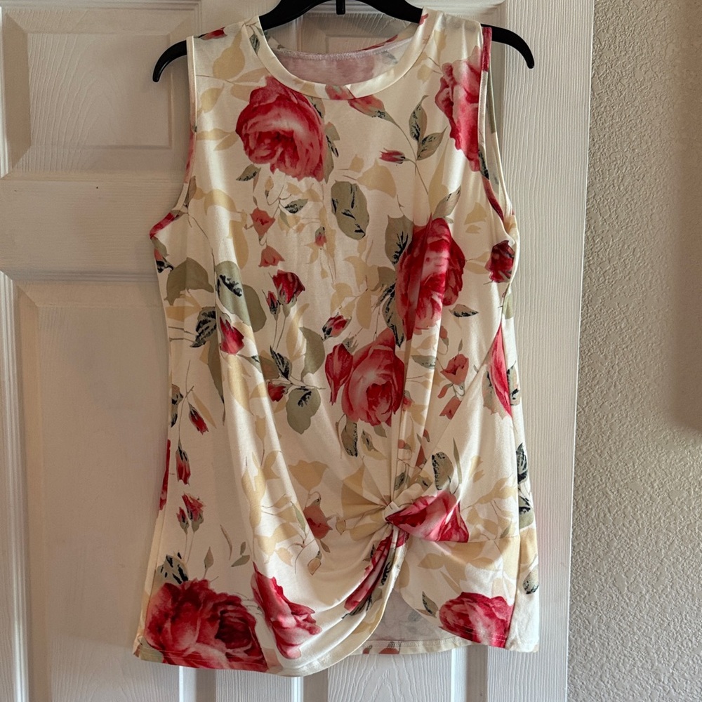 Floral Sleeveless Top - Red and Cream